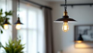 A photograph of a stylish pendant light hanging from a decorative chain in a modern interior setting