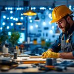 A photograph of a skilled lighting contractor at work