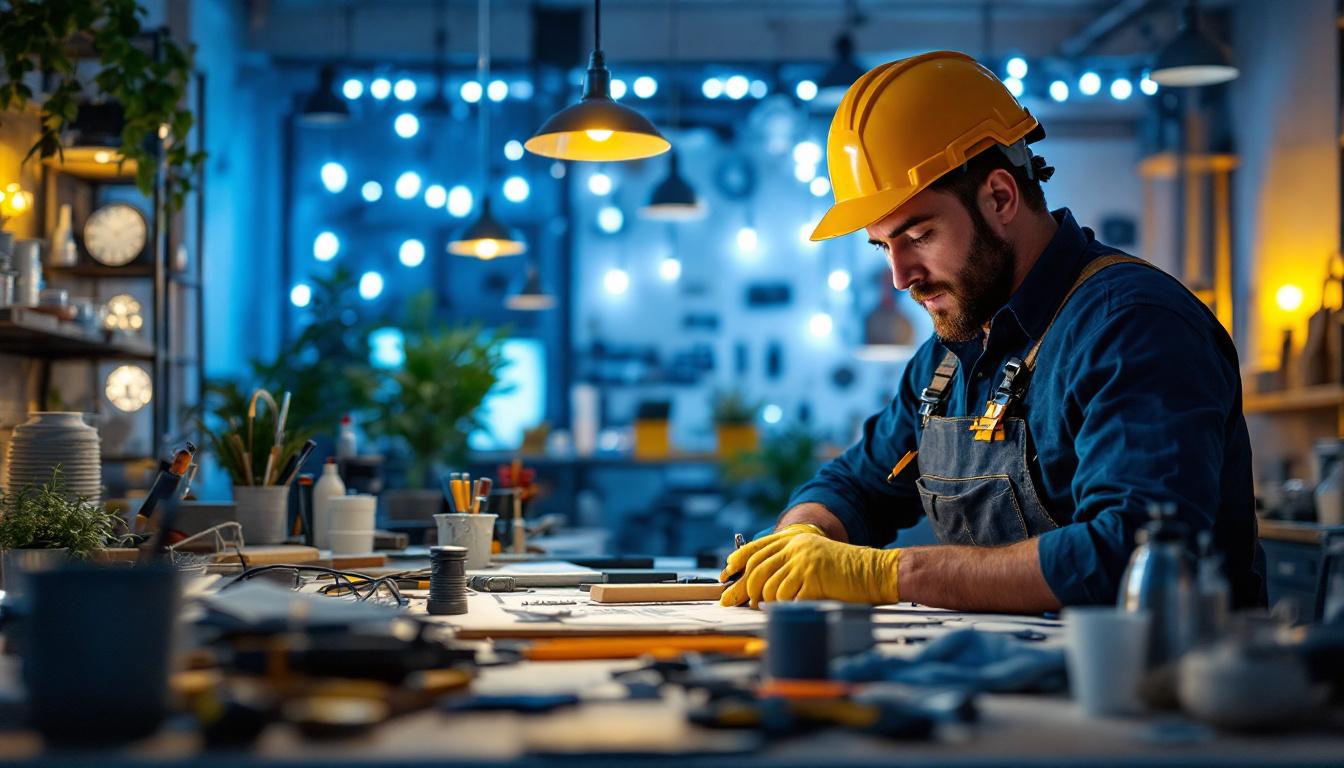 A photograph of a skilled lighting contractor at work
