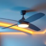 A photograph of a stylish extra large ceiling fan with integrated lighting installed in a modern living space