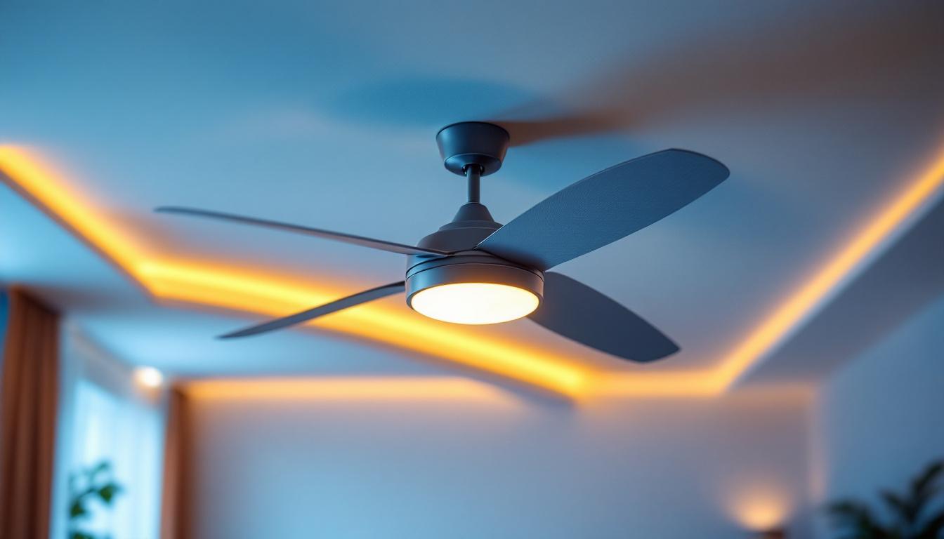 A photograph of a stylish extra large ceiling fan with integrated lighting installed in a modern living space