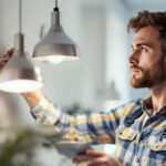 A photograph of a lighting contractor expertly installing or adjusting innovative silver lighting fixtures in a modern residential or commercial space
