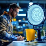 A photograph of a 150-watt led lamp in a well-lit workspace