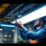 A photograph of a lighting contractor expertly installing or adjusting an led board light in a commercial or residential setting