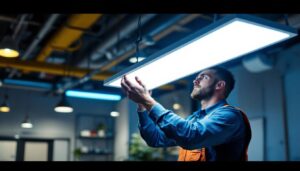 A photograph of a lighting contractor expertly installing or adjusting an led board light in a commercial or residential setting