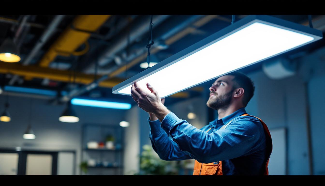 A photograph of a lighting contractor expertly installing or adjusting an led board light in a commercial or residential setting