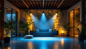 A photograph of a beautifully lit indoor or outdoor space featuring dimmable flood lights in action