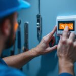 A photograph of a lighting contractor adjusting a lightswitch timer on a wall