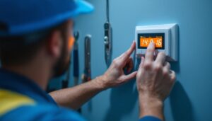 A photograph of a lighting contractor adjusting a lightswitch timer on a wall