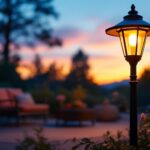 A photograph of a beautifully designed outdoor pedestal lamp illuminating a cozy garden or patio setting at dusk