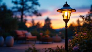 A photograph of a beautifully designed outdoor pedestal lamp illuminating a cozy garden or patio setting at dusk