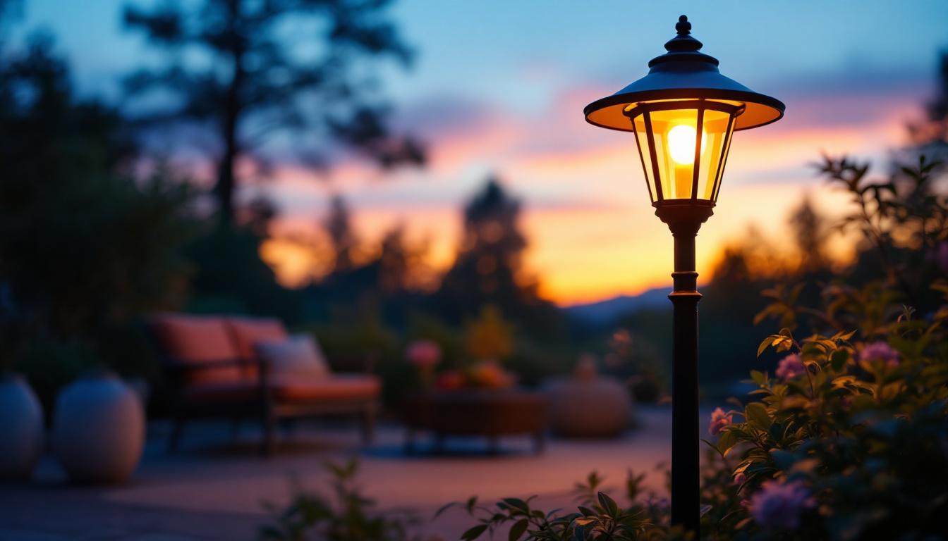 A photograph of a beautifully designed outdoor pedestal lamp illuminating a cozy garden or patio setting at dusk