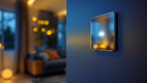 A photograph of a lighting contractor installing a modern led dimmer light switch in a stylish home setting