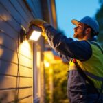 A photograph of a lighting contractor installing a flood light with a motion sensor in a residential or commercial setting
