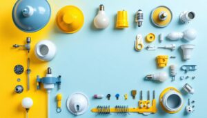 A photograph of a well-organized layout of various light fixture components