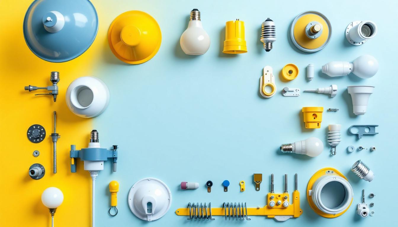 A photograph of a well-organized layout of various light fixture components