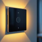 A photograph of a modern smart light switch installed in a stylish home setting