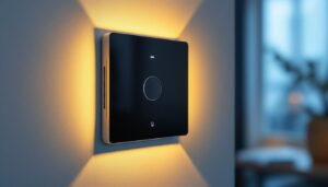 A photograph of a modern smart light switch installed in a stylish home setting