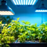 A photograph of a well-lit indoor gardening space featuring various types of growers choice lights in action