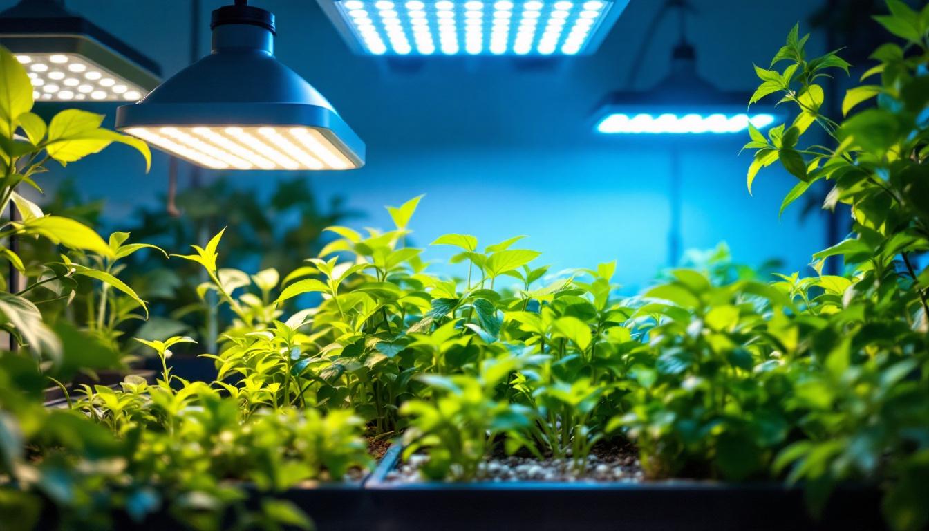 A photograph of a well-lit indoor gardening space featuring various types of growers choice lights in action