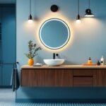 A photograph of a well-designed vanity area featuring stylish lighting fixtures