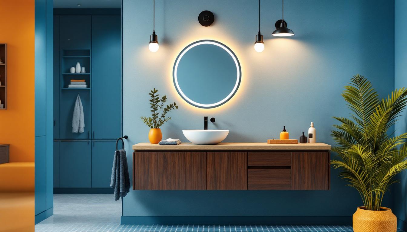 A photograph of a well-designed vanity area featuring stylish lighting fixtures