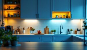 A photograph of a well-lit kitchen featuring stylish under cabinet lighting that highlights the workspace