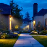 A photograph of a well-lit outdoor area showcasing various types of flood lights with motion sensors installed