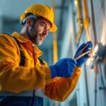 A photograph of a lighting contractor efficiently using a pull string to guide electrical conduit through a conduit run