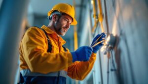 A photograph of a lighting contractor efficiently using a pull string to guide electrical conduit through a conduit run