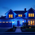 A photograph of a beautifully illuminated blue house at dusk