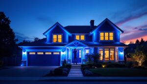 A photograph of a beautifully illuminated blue house at dusk