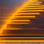 A photograph of a beautifully illuminated staircase featuring stylish led stair lights