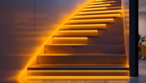 A photograph of a beautifully illuminated staircase featuring stylish led stair lights