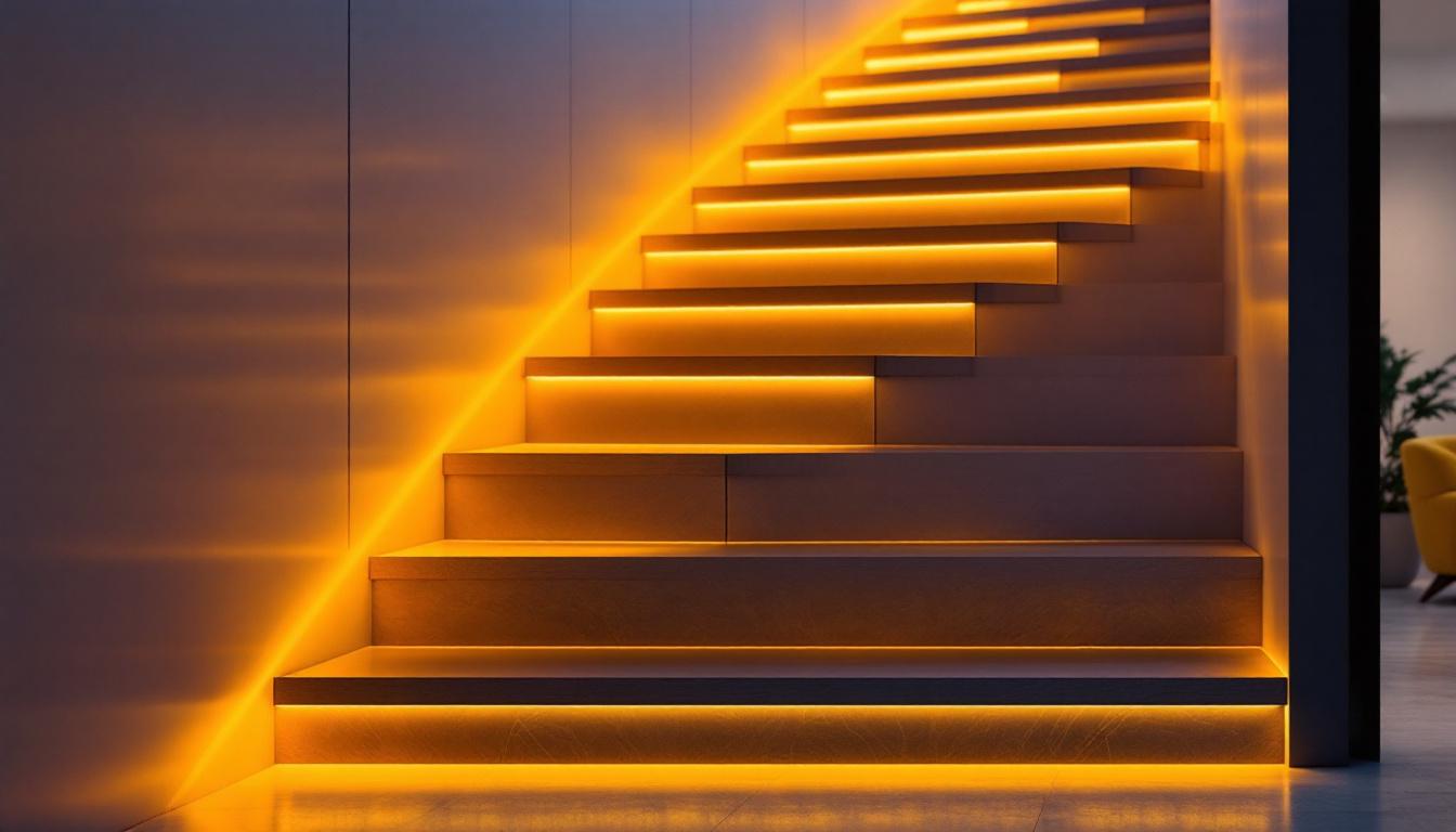 A photograph of a beautifully illuminated staircase featuring stylish led stair lights