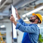 A photograph of a lighting contractor installing or inspecting panel led lights in a modern workspace
