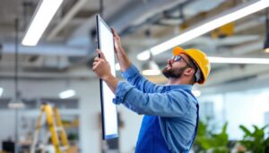 A photograph of a lighting contractor installing or inspecting panel led lights in a modern workspace