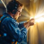 A photograph of a lighting contractor installing led strip lights in a modern garage