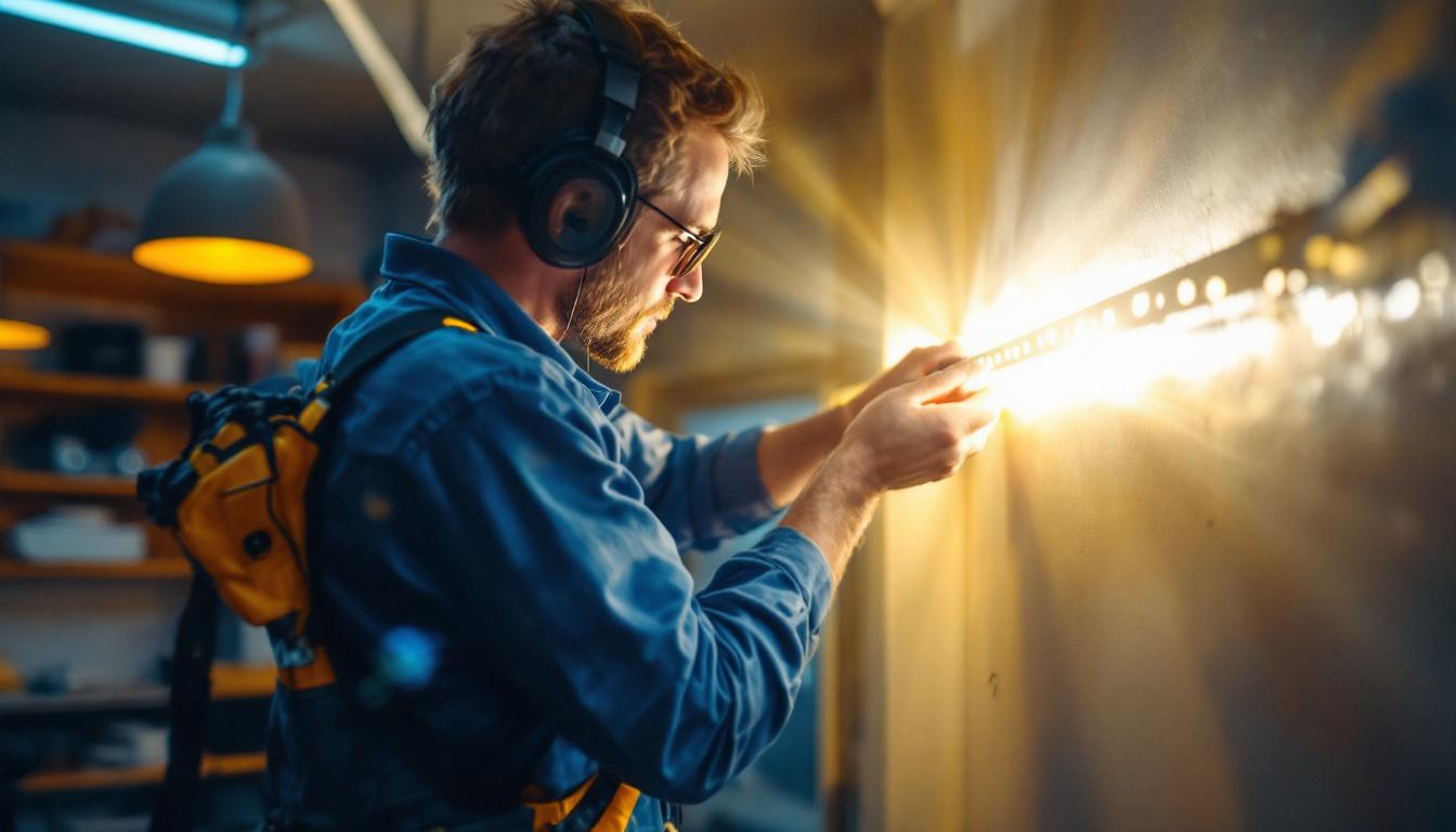 A photograph of a lighting contractor installing led strip lights in a modern garage
