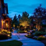 A photograph of a beautifully illuminated backyard at dusk