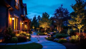 A photograph of a beautifully illuminated backyard at dusk