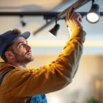 A photograph of a skilled lighting contractor thoughtfully installing track lights in a modern interior space