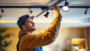 A photograph of a skilled lighting contractor thoughtfully installing track lights in a modern interior space