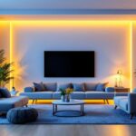 A photograph of a modern living room illuminated by warm led lighting