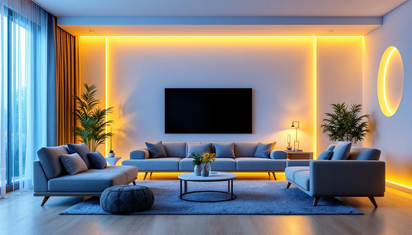 A photograph of a modern living room illuminated by warm led lighting