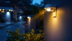 A photograph of a well-lit outdoor area featuring security lights with motion detectors in action