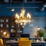 A photograph of a stylish chandelier elegantly hanging in a modern office space