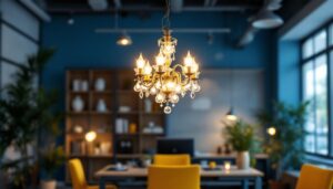 A photograph of a stylish chandelier elegantly hanging in a modern office space