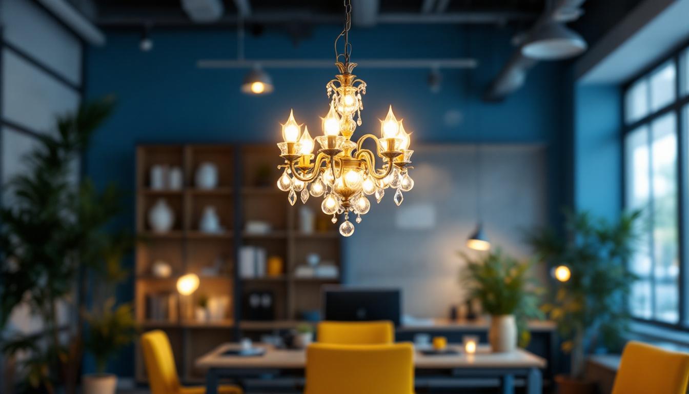 A photograph of a stylish chandelier elegantly hanging in a modern office space