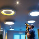 A photograph of a well-lit interior space showcasing various styles of recessed light trims in action